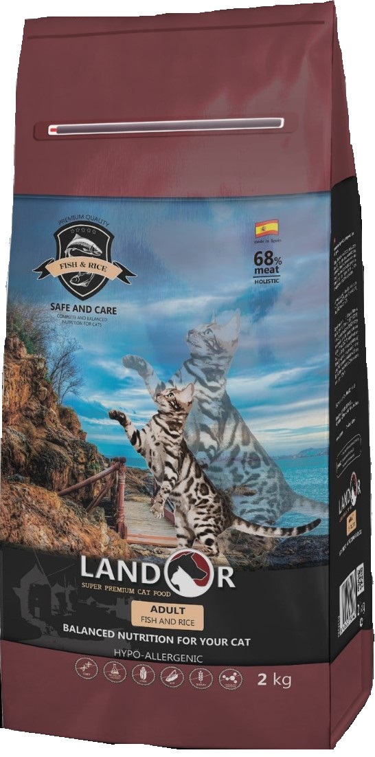 LANDOR Полнорационный сухой корм для взрослых кошек рыба с рисом 2кг. CATS ADULT FISH
