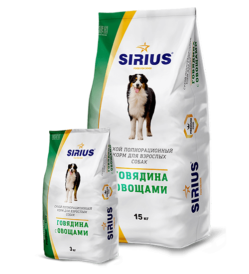 SIRIUS Сухой полнорационный корм для взрослых собак Говядина с овощами 20кг